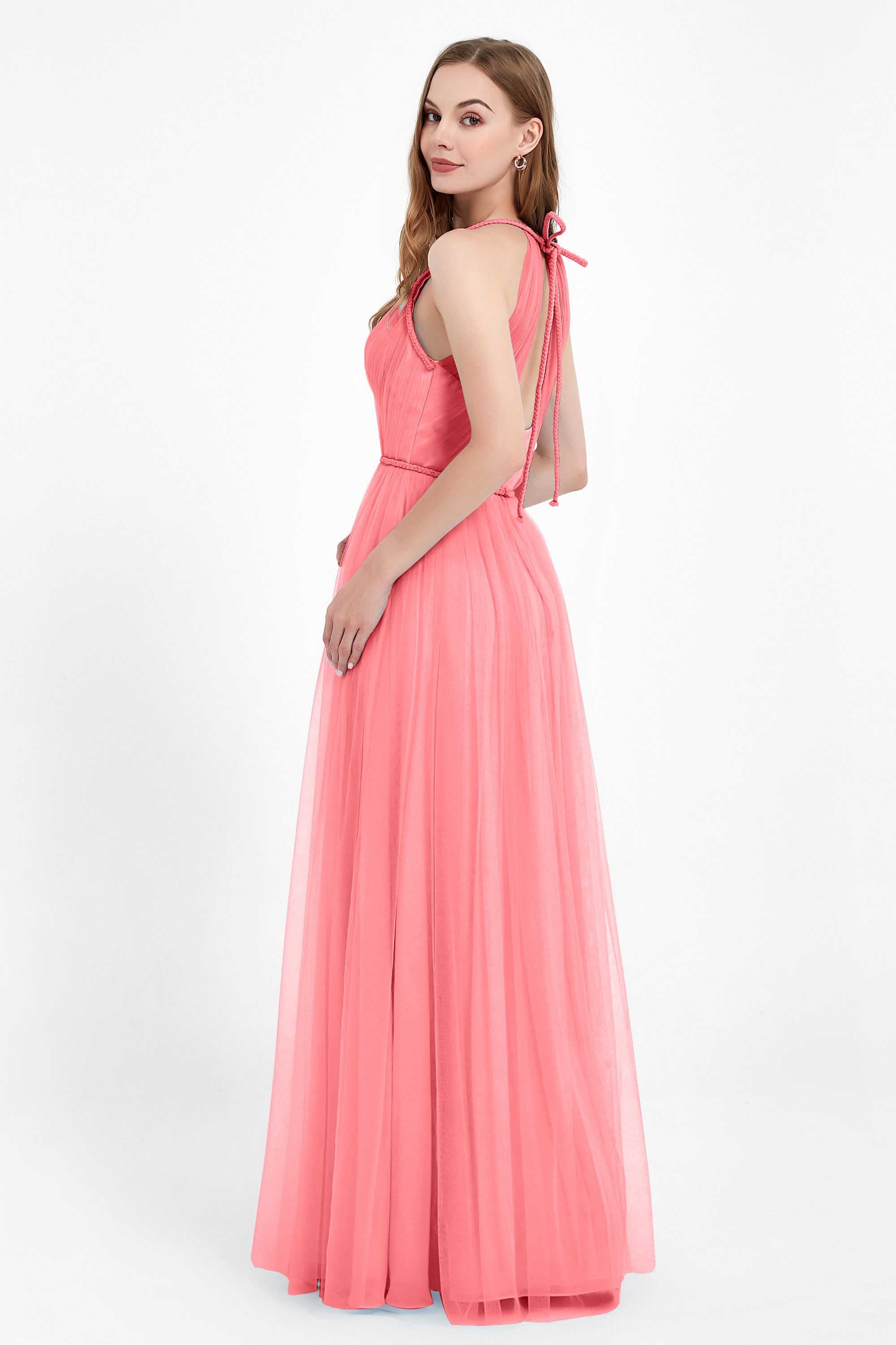 V Neck Tulle Spaghetti Straps Bridesmaid Dress Long Formal Evening Prom Dresses Gowns