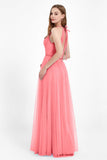 V Neck Tulle Spaghetti Straps Bridesmaid Dress Long Formal Evening Prom Dresses Gowns