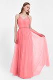 V Neck Tulle Spaghetti Straps Bridesmaid Dress Long Formal Evening Prom Dresses Gowns