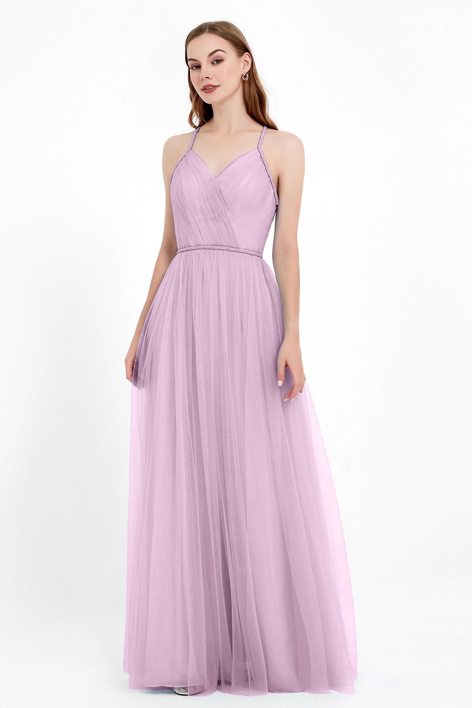 V Neck Tulle Spaghetti Straps Bridesmaid Dress Long Formal Evening Prom Dresses Gowns