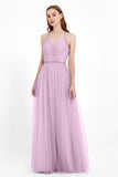 V Neck Tulle Spaghetti Straps Bridesmaid Dress Long Formal Evening Prom Dresses Gowns