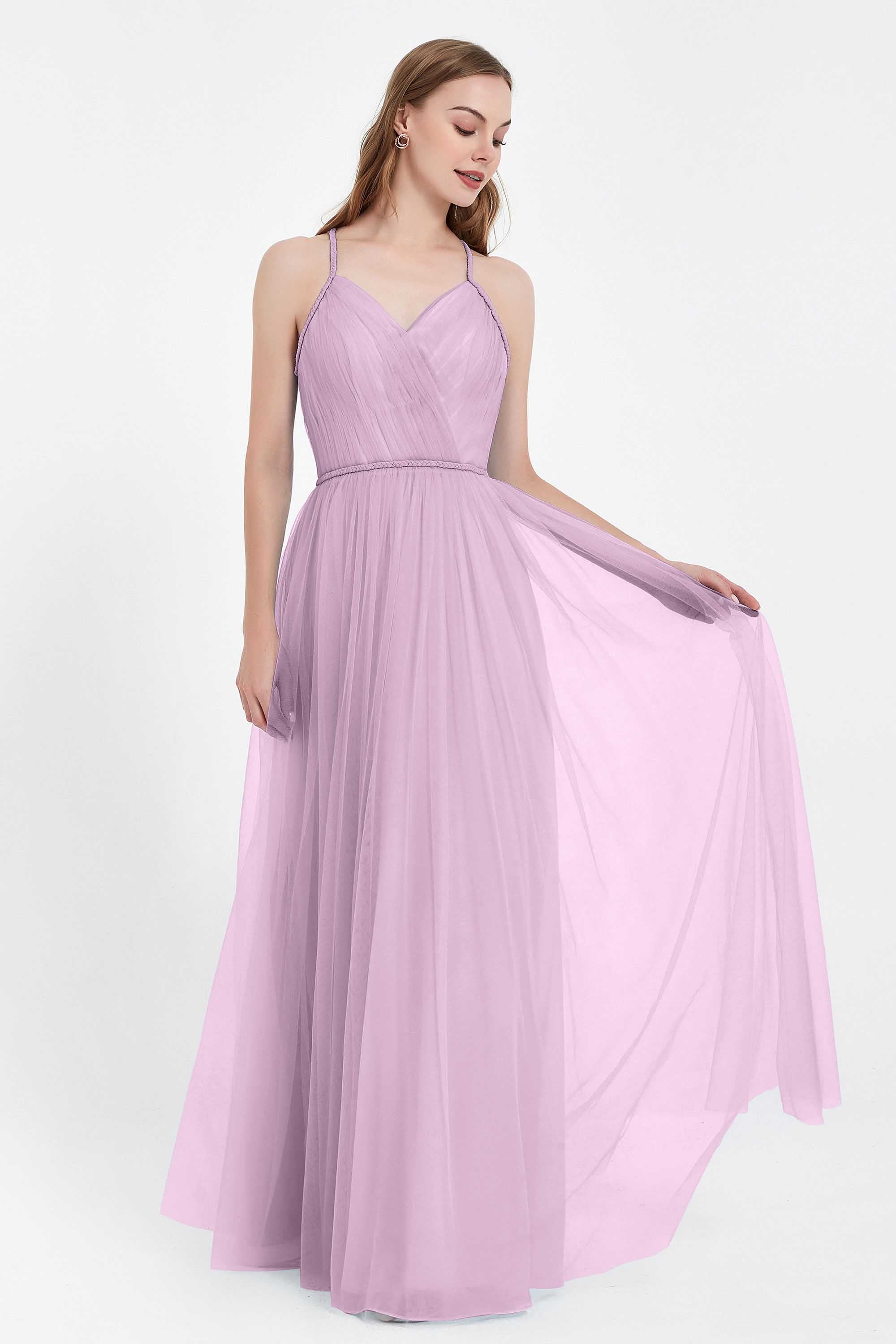 V Neck Tulle Spaghetti Straps Bridesmaid Dress Long Formal Evening Prom Dresses Gowns