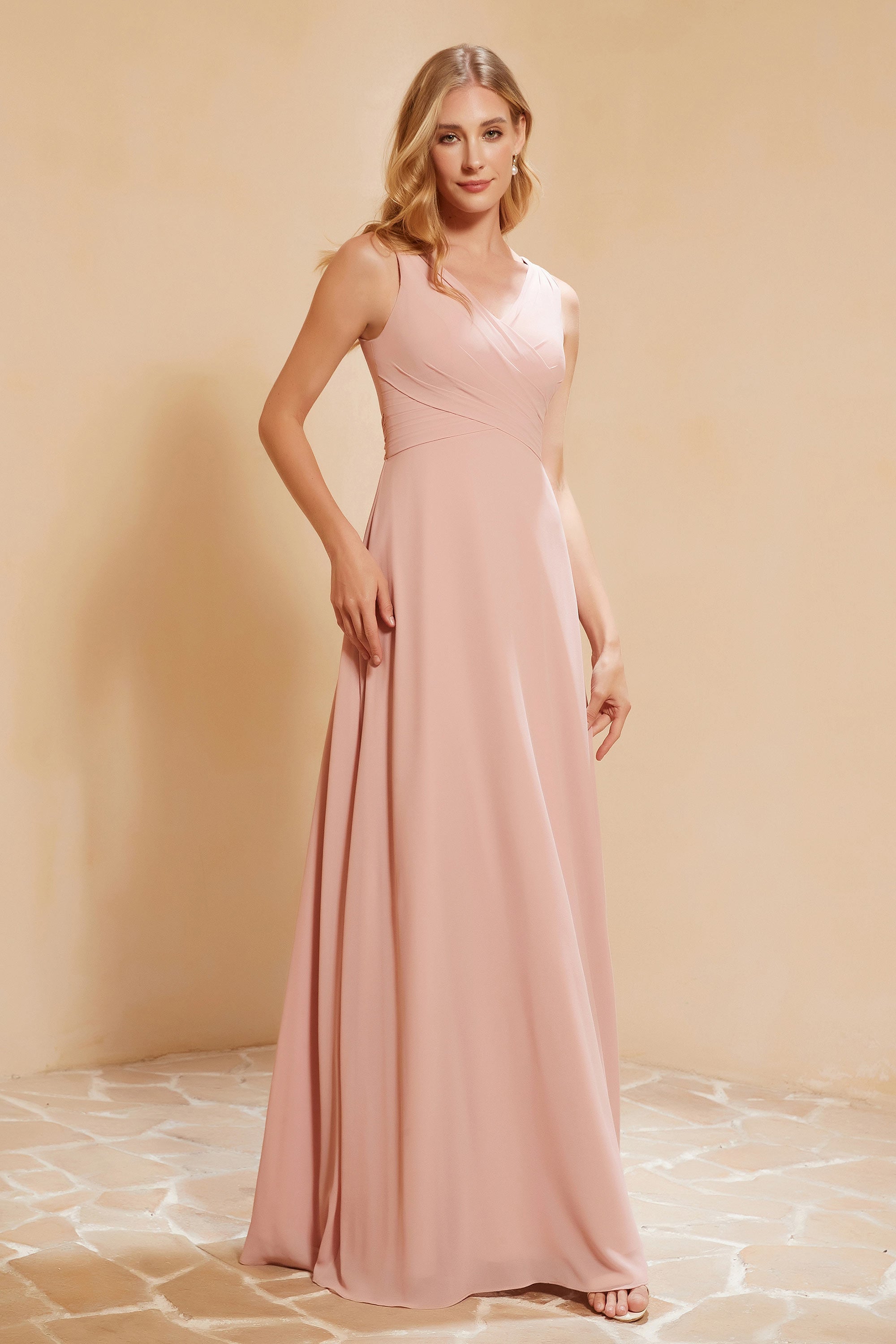 V Neckline Chiffon Bridesmaid Dress Long Pleated A Line Formal Evening Dresses Gowns