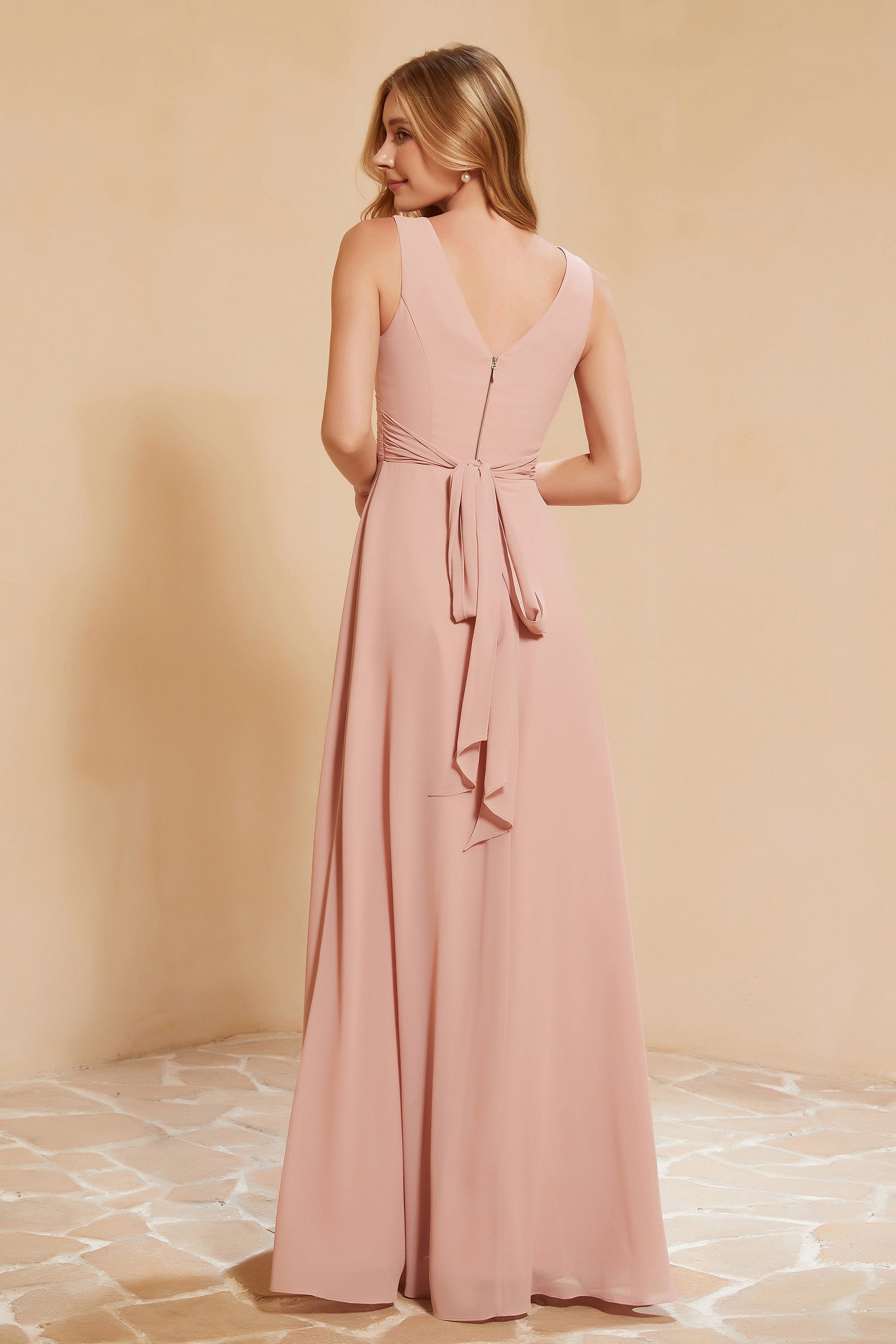 V Neckline Chiffon Bridesmaid Dress Long Pleated A Line Formal Evening Dresses Gowns
