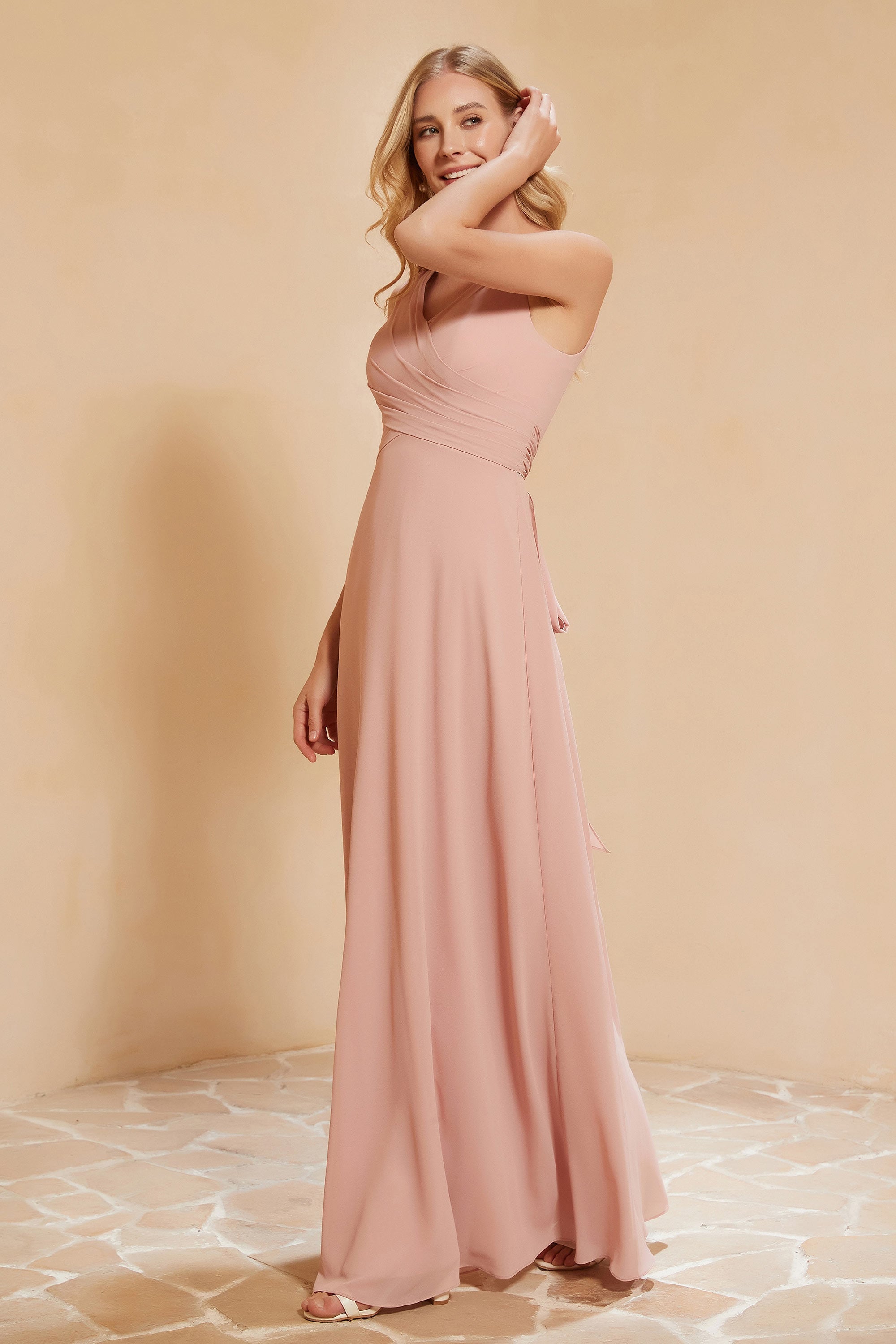 V Neckline Chiffon Bridesmaid Dress Long Pleated A Line Formal Evening Dresses Gowns