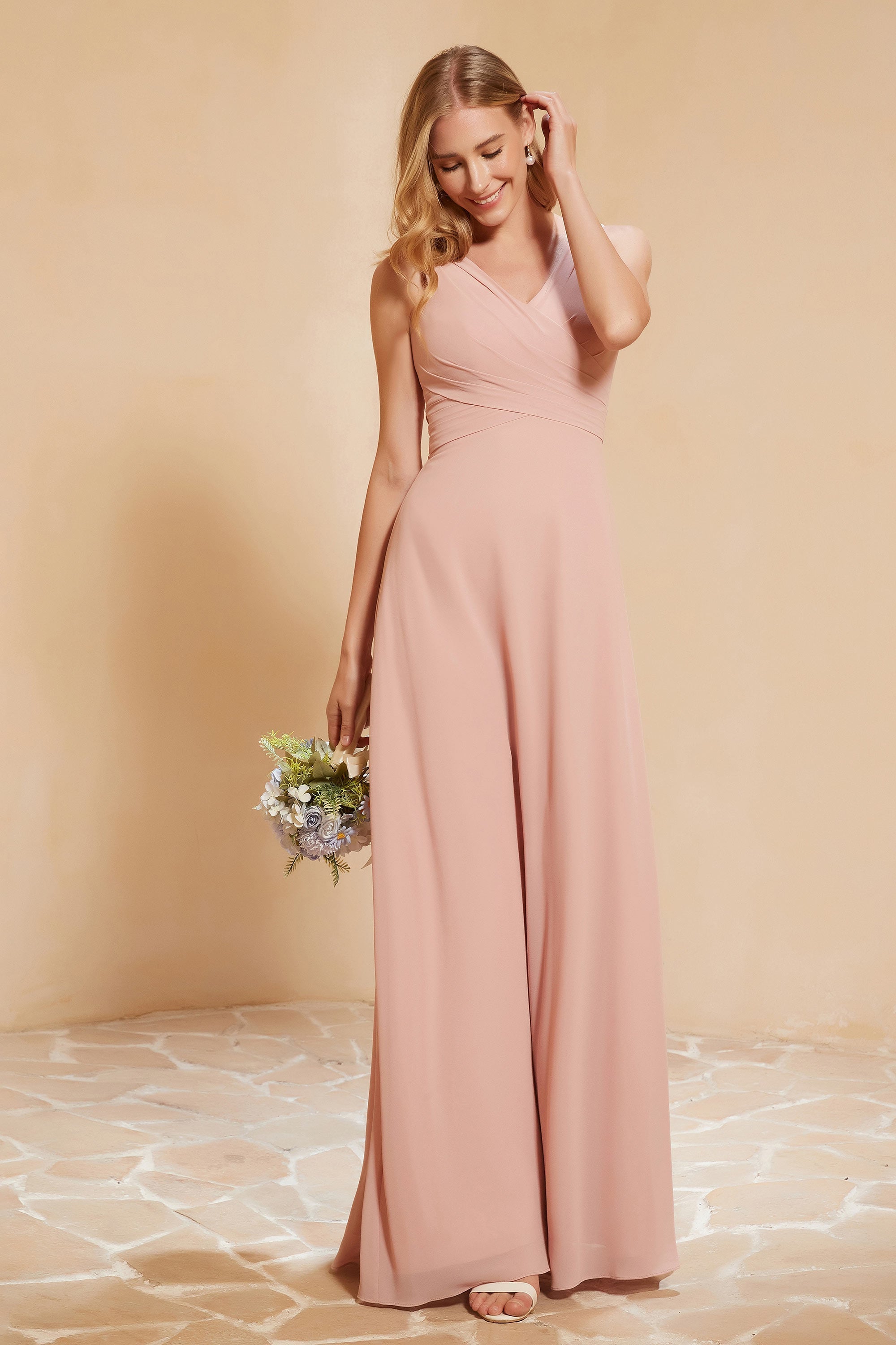 V Neckline Chiffon Bridesmaid Dress Long Pleated A Line Formal Evening Dresses Gowns