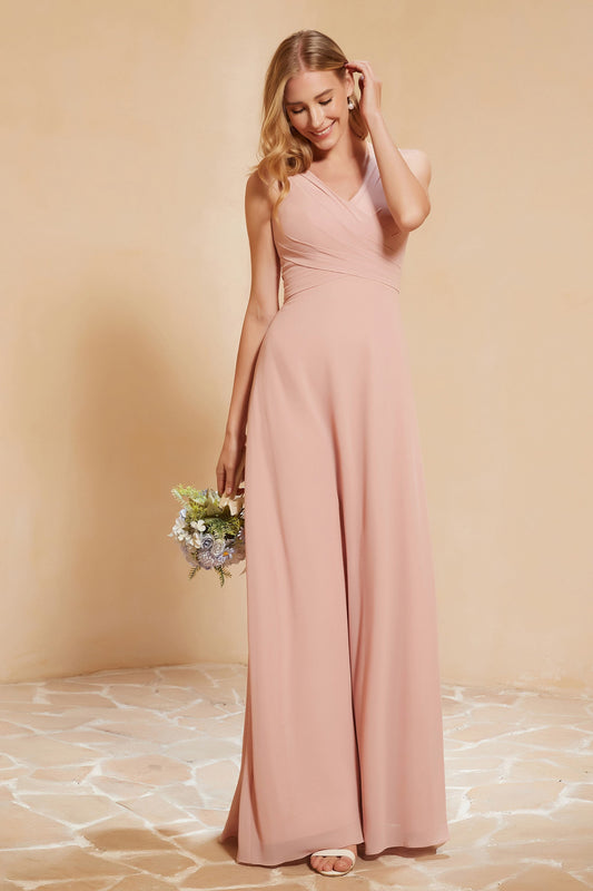 V Neckline Chiffon Bridesmaid Dress Long Pleated A Line Formal Evening Dresses Gowns