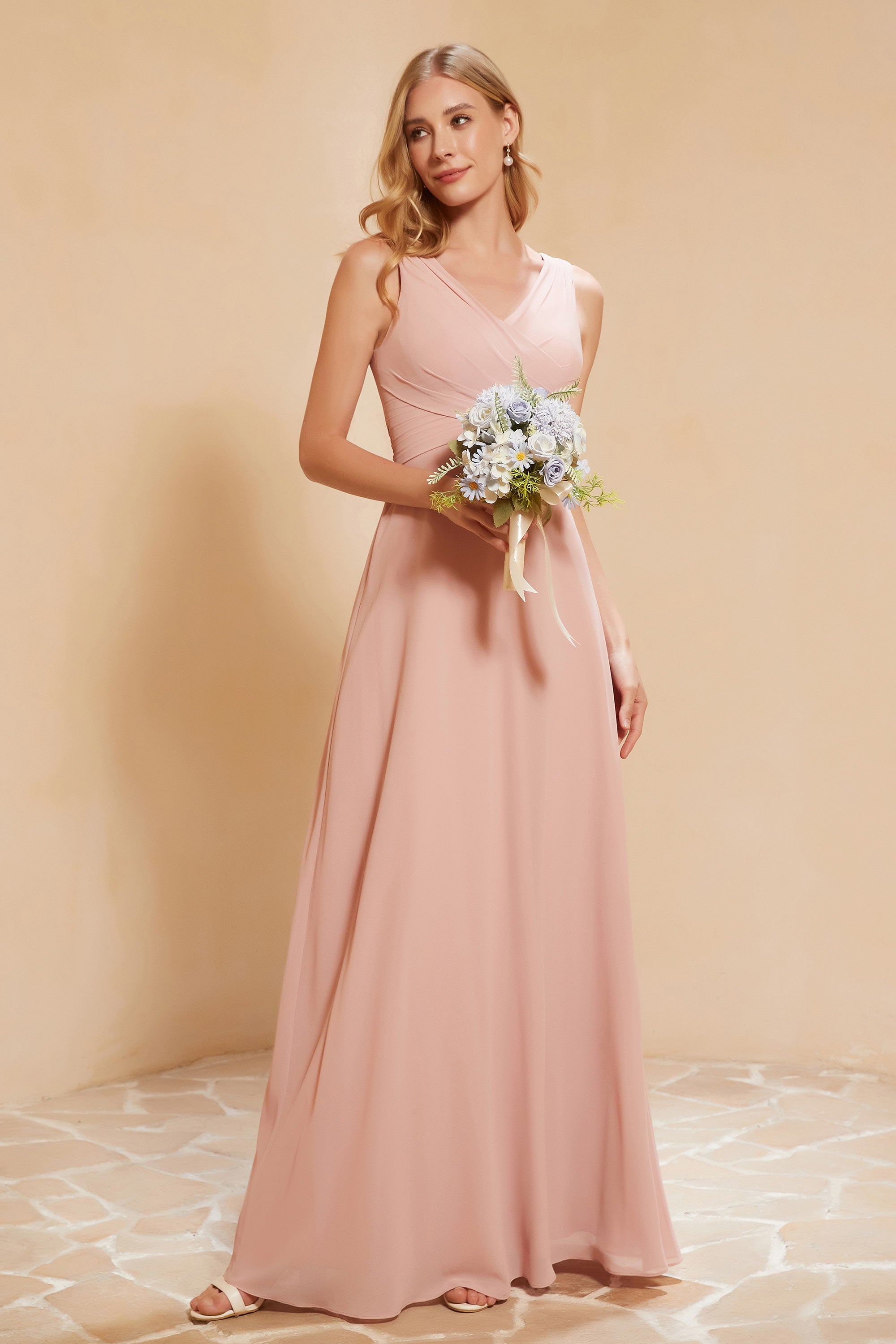 V Neckline Chiffon Bridesmaid Dress Long Pleated A Line Formal Evening Dresses Gowns