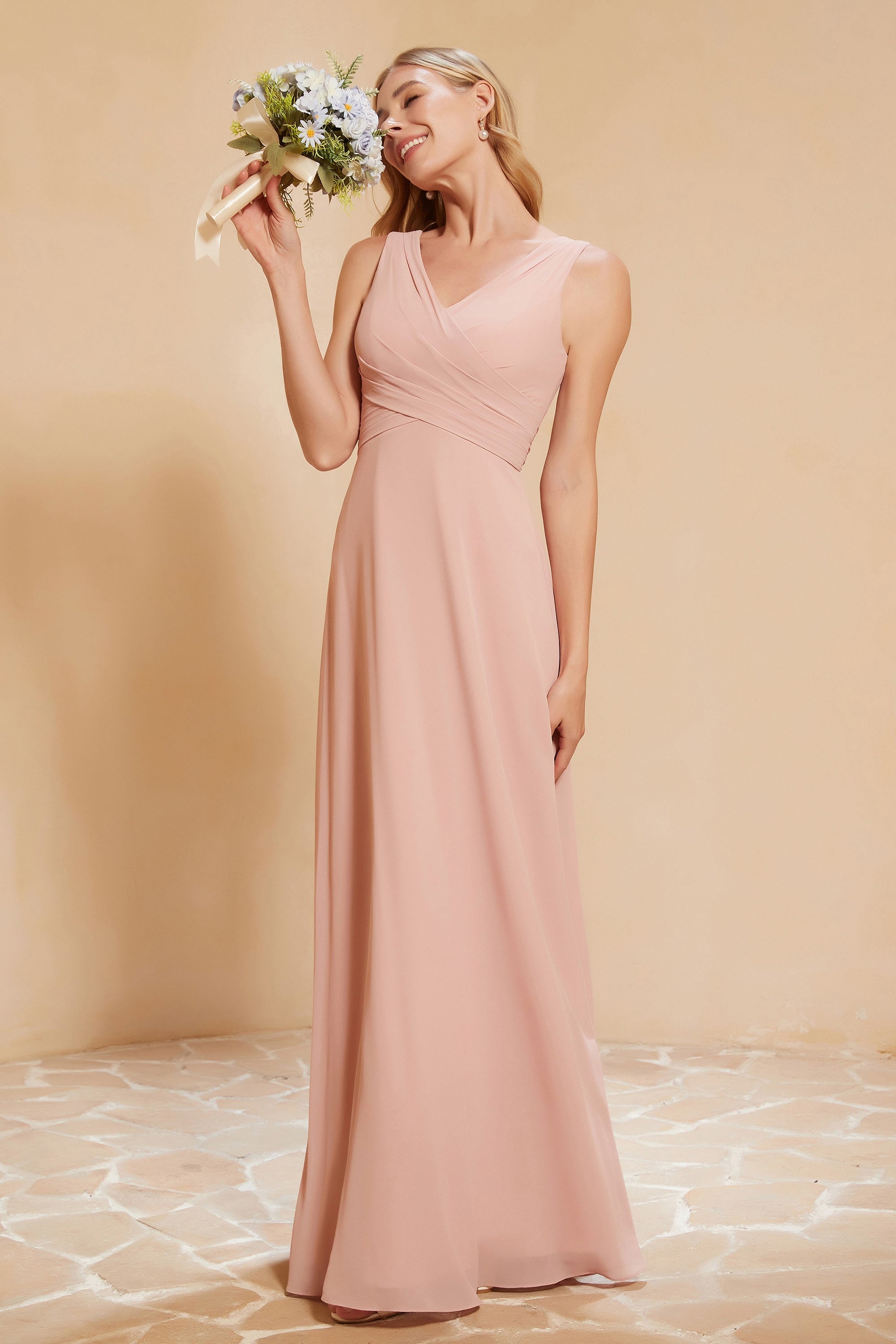 V Neckline Chiffon Bridesmaid Dress Long Pleated A Line Formal Evening Dresses Gowns