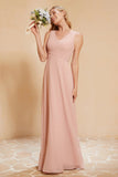 V Neckline Chiffon Bridesmaid Dress Long Pleated A Line Formal Evening Dresses Gowns