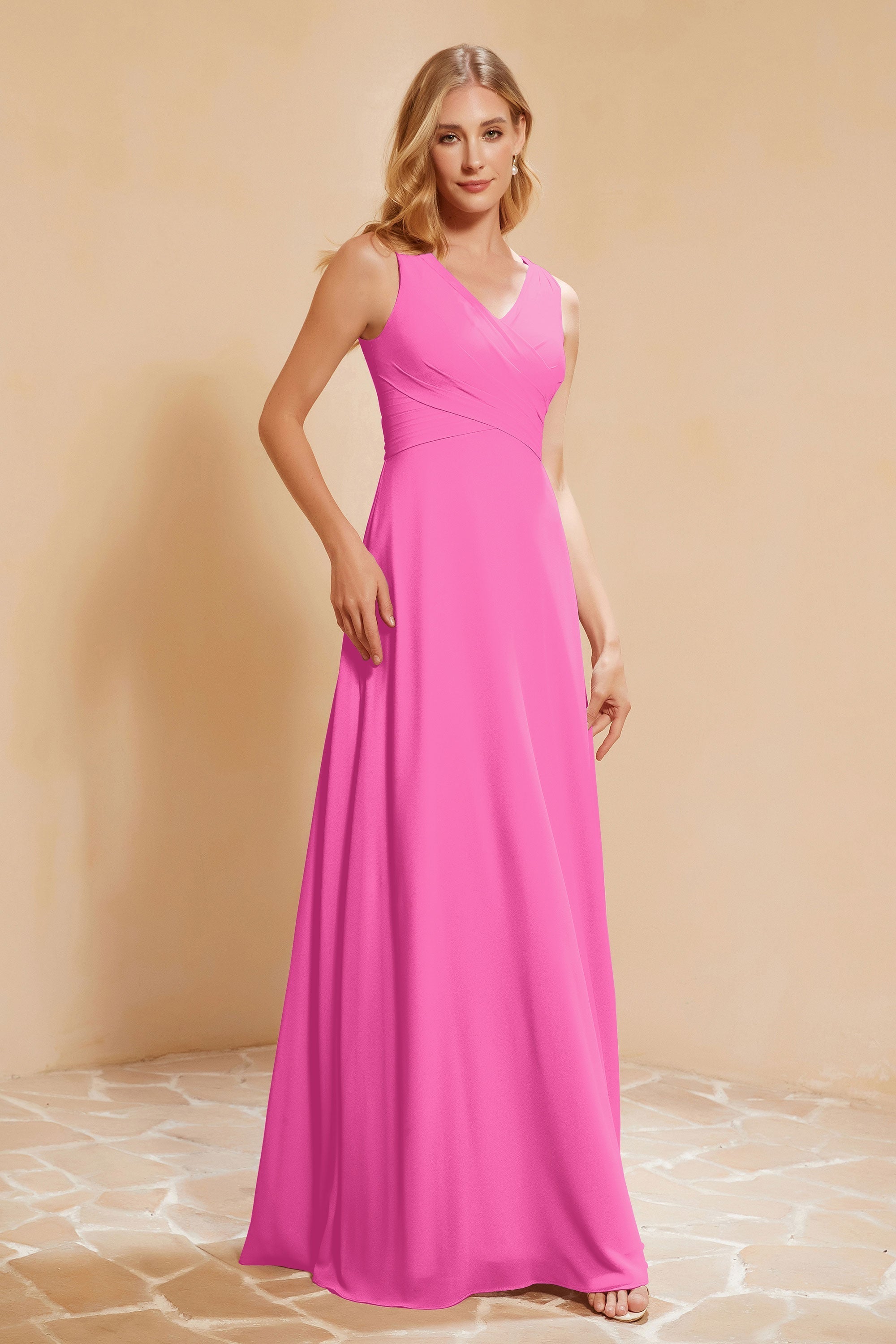 V Neckline Chiffon Bridesmaid Dress Long Pleated A Line Formal Evening Dresses Gowns