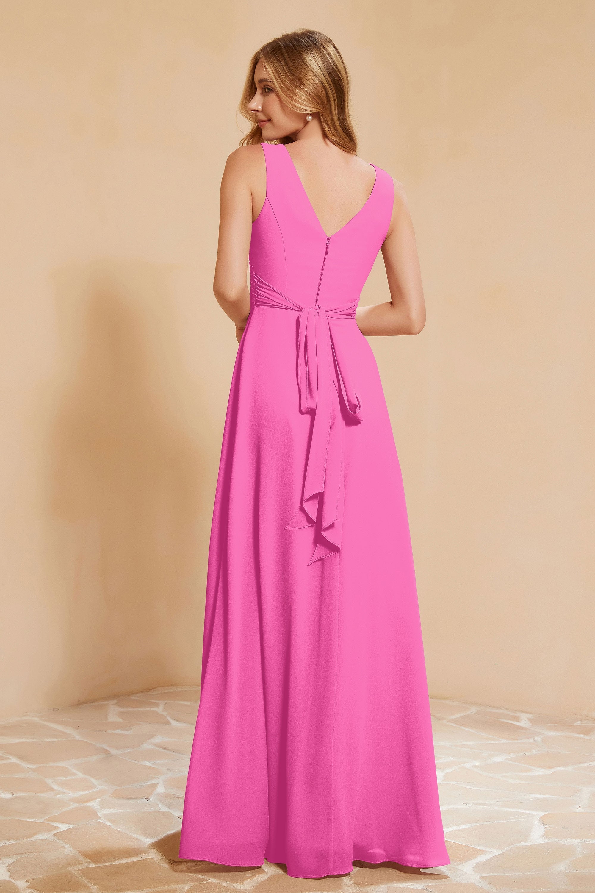 V Neckline Chiffon Bridesmaid Dress Long Pleated A Line Formal Evening Dresses Gowns