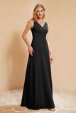 V Neckline Chiffon Bridesmaid Dress Long Pleated A Line Formal Evening Dresses Gowns