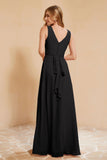 V Neckline Chiffon Bridesmaid Dress Long Pleated A Line Formal Evening Dresses Gowns