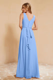 V Neckline Chiffon Bridesmaid Dress Long Pleated A Line Formal Evening Dresses Gowns