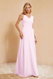 V Neckline Chiffon Bridesmaid Dress Long Pleated A Line Formal Evening Dresses Gowns