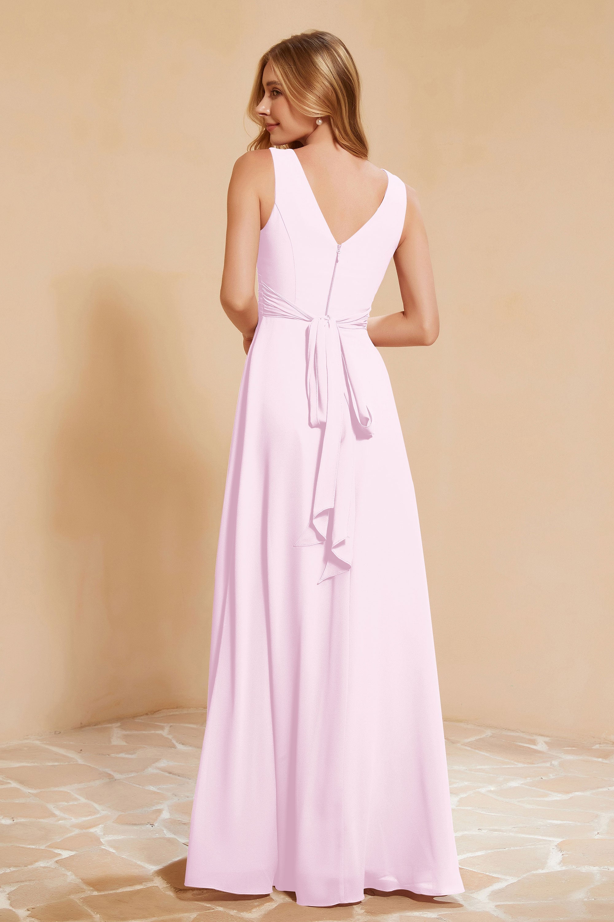 V Neckline Chiffon Bridesmaid Dress Long Pleated A Line Formal Evening Dresses Gowns