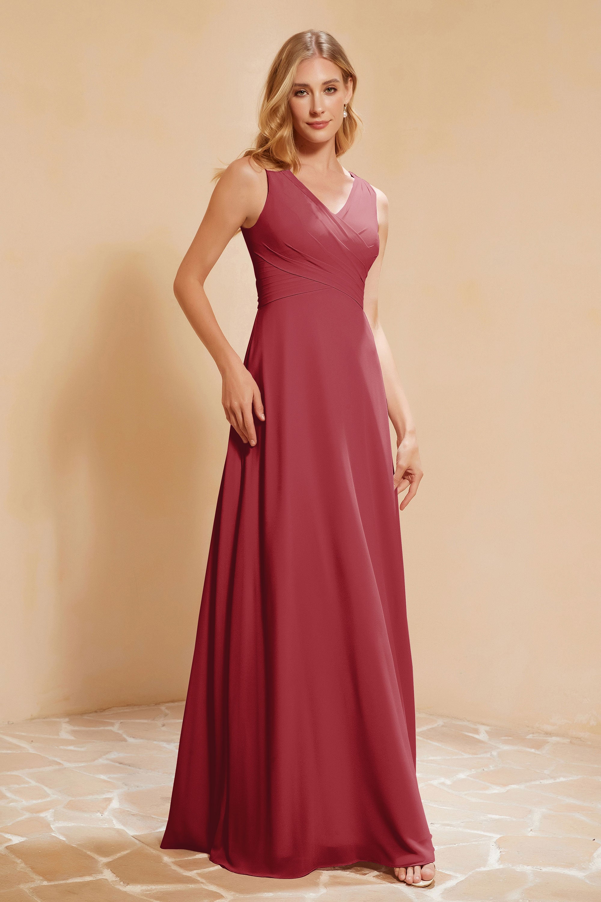 V Neckline Chiffon Bridesmaid Dress Long Pleated A Line Formal Evening Dresses Gowns