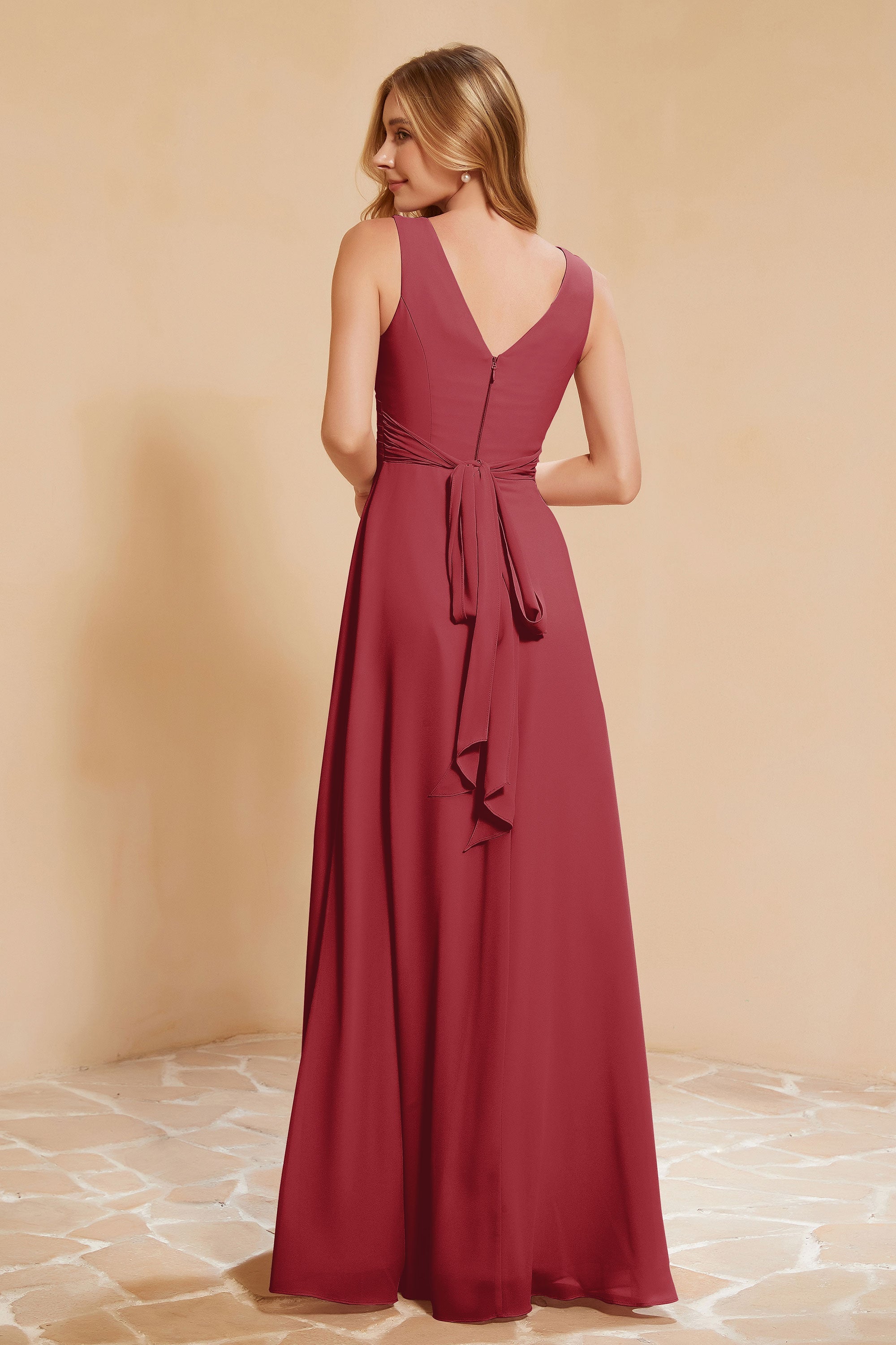 V Neckline Chiffon Bridesmaid Dress Long Pleated A Line Formal Evening Dresses Gowns