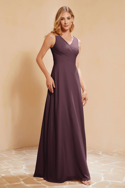 V Neckline Chiffon Bridesmaid Dress Long Pleated A Line Formal Evening Dresses Gowns