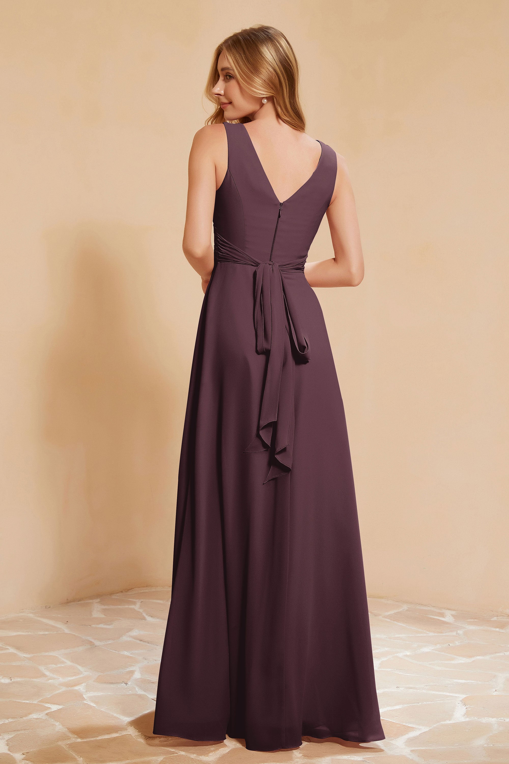 V Neckline Chiffon Bridesmaid Dress Long Pleated A Line Formal Evening Dresses Gowns