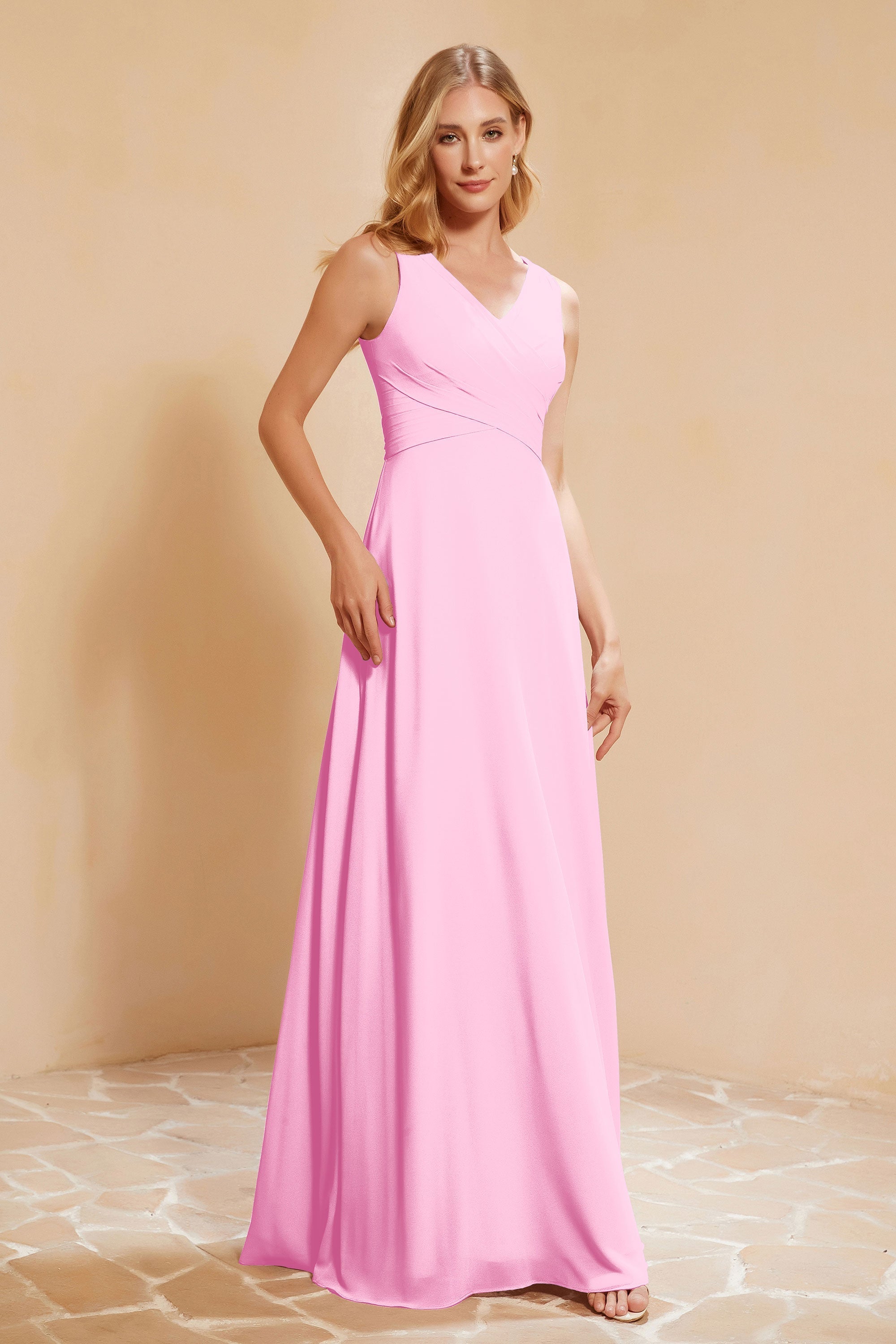 V Neckline Chiffon Bridesmaid Dress Long Pleated A Line Formal Evening Dresses Gowns