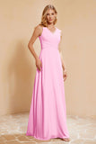 V Neckline Chiffon Bridesmaid Dress Long Pleated A Line Formal Evening Dresses Gowns