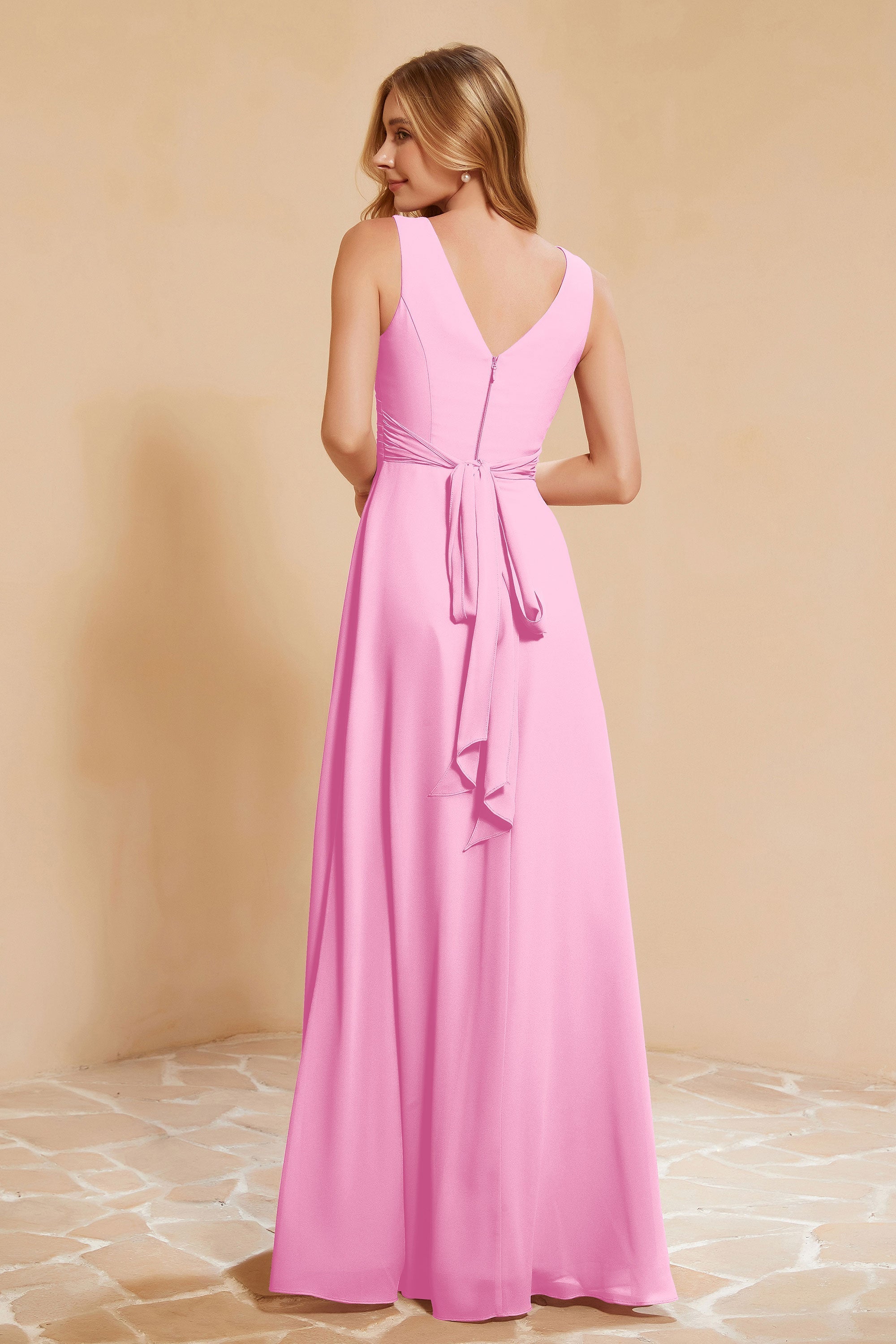 V Neckline Chiffon Bridesmaid Dress Long Pleated A Line Formal Evening Dresses Gowns