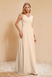 V Neckline Chiffon Bridesmaid Dress Long Pleated A Line Formal Evening Dresses Gowns