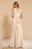 V Neckline Chiffon Bridesmaid Dress Long Pleated A Line Formal Evening Dresses Gowns
