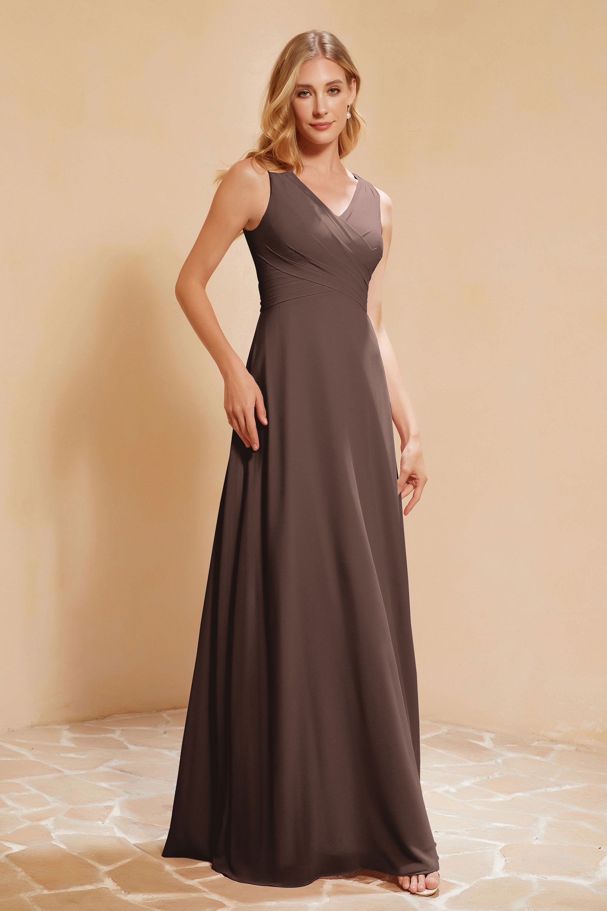 V Neckline Chiffon Bridesmaid Dress Long Pleated A Line Formal Evening Dresses Gowns