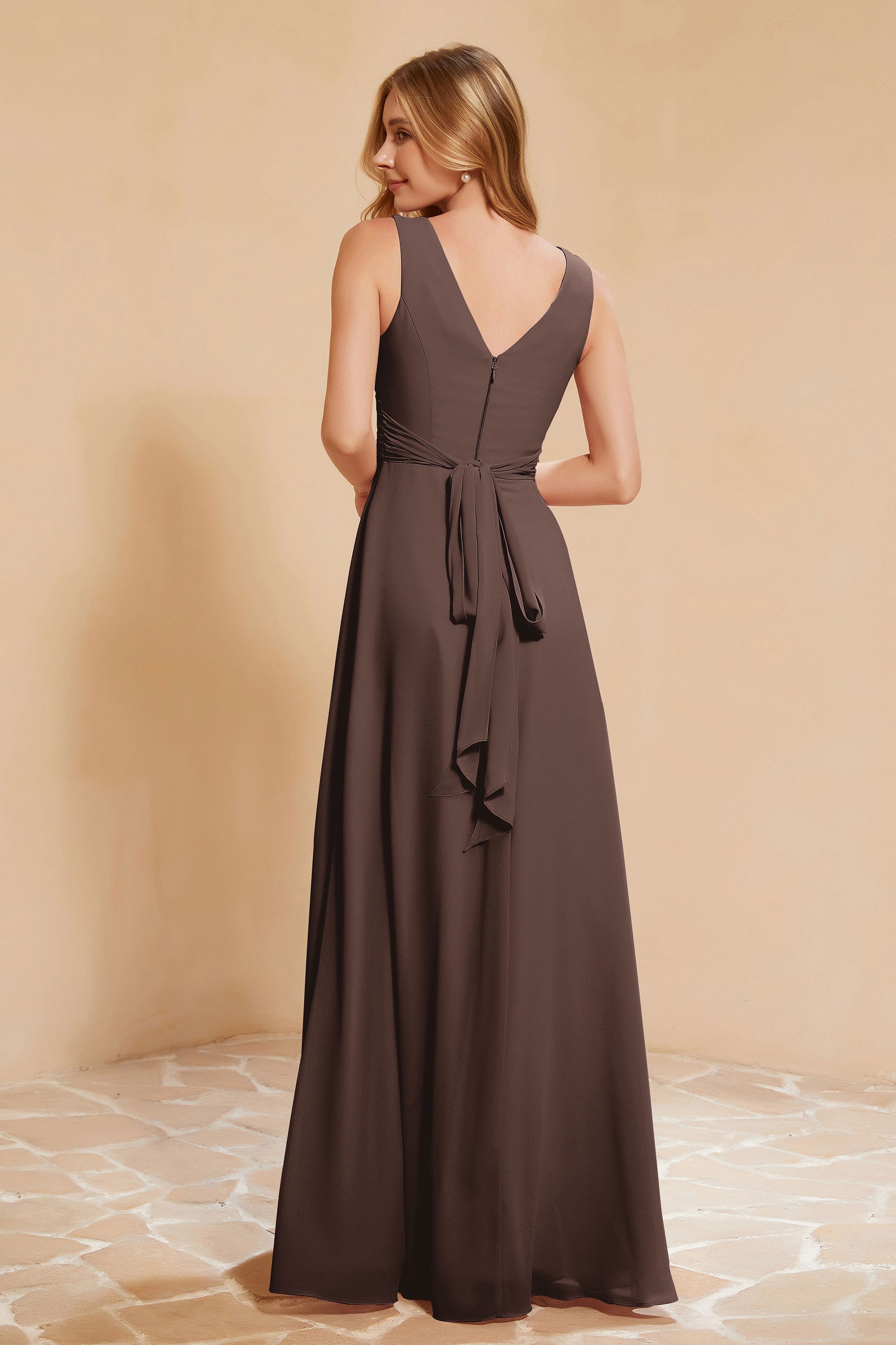 V Neckline Chiffon Bridesmaid Dress Long Pleated A Line Formal Evening Dresses Gowns