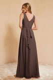V Neckline Chiffon Bridesmaid Dress Long Pleated A Line Formal Evening Dresses Gowns