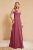 V Neckline Chiffon Bridesmaid Dress Long Pleated A Line Formal Evening Dresses Gowns