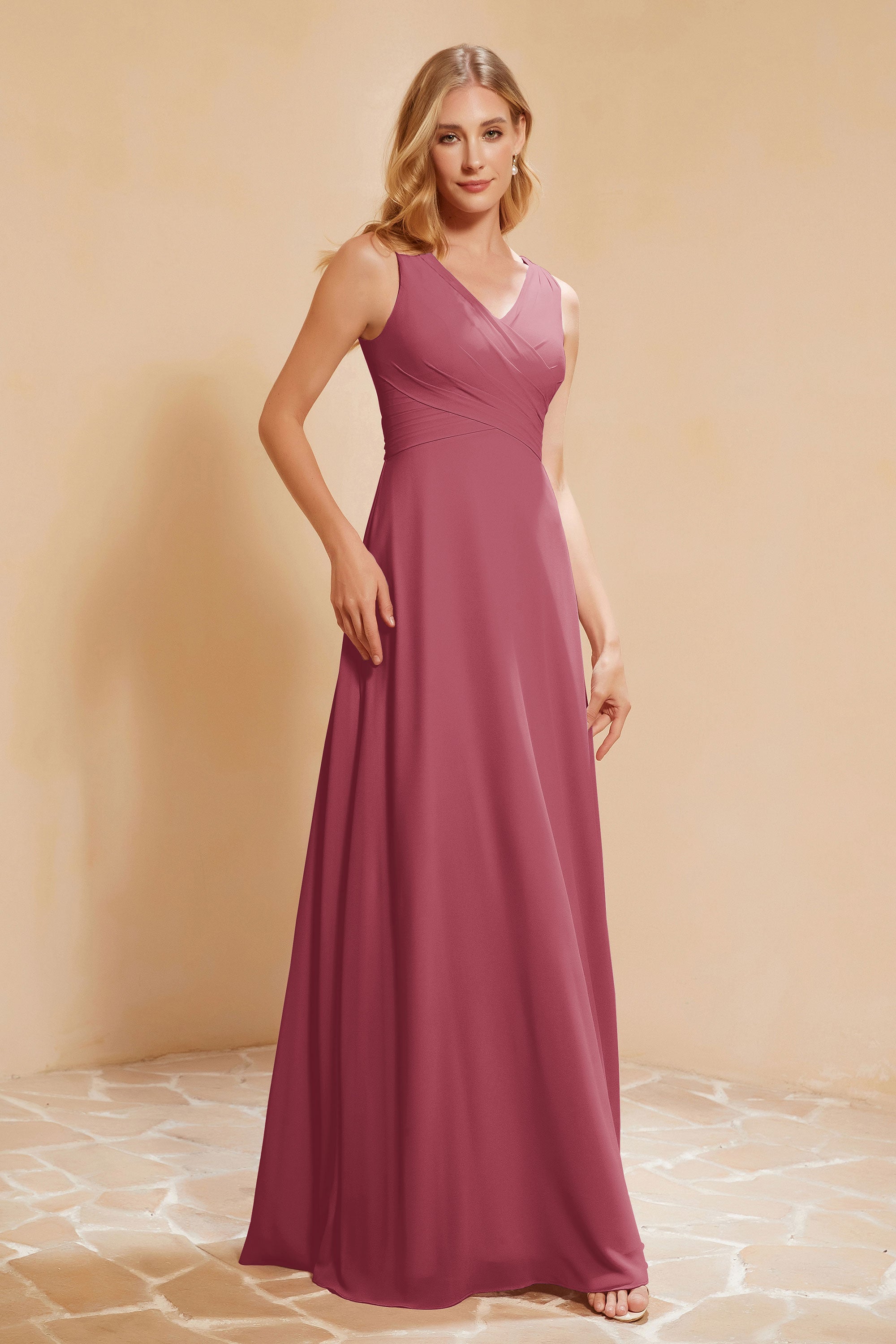V Neckline Chiffon Bridesmaid Dress Long Pleated A Line Formal Evening Dresses Gowns