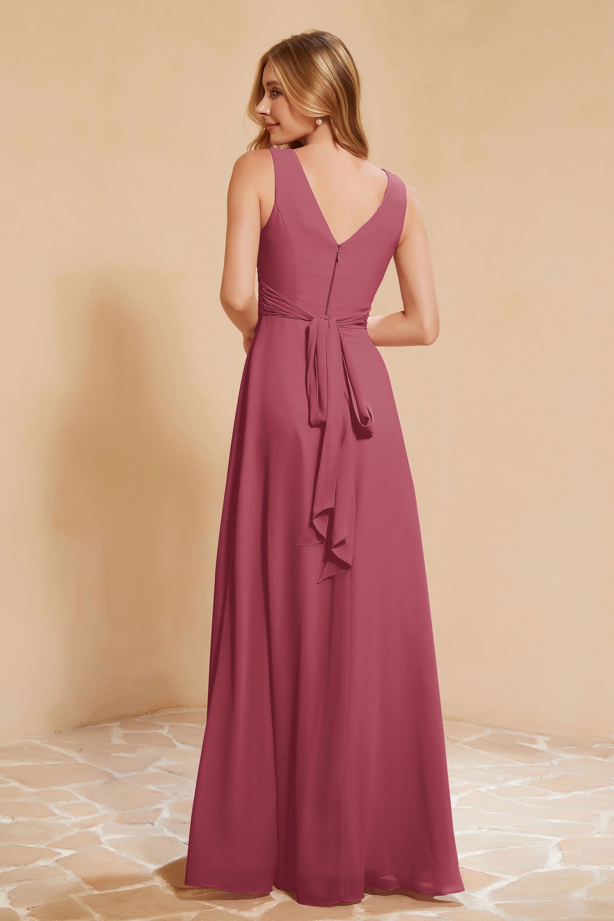 V Neckline Chiffon Bridesmaid Dress Long Pleated A Line Formal Evening Dresses Gowns