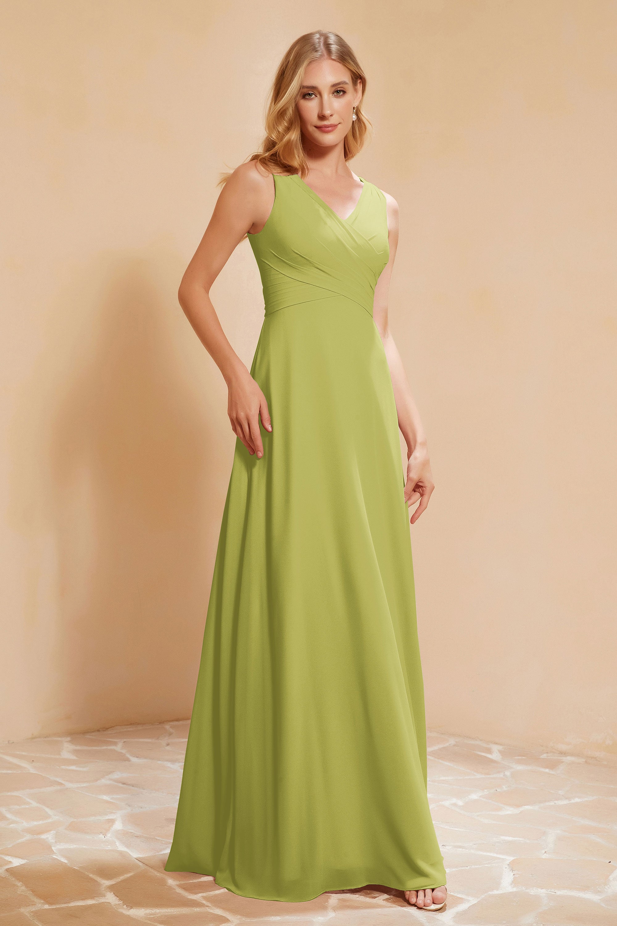 V Neckline Chiffon Bridesmaid Dress Long Pleated A Line Formal Evening Dresses Gowns