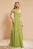 V Neckline Chiffon Bridesmaid Dress Long Pleated A Line Formal Evening Dresses Gowns