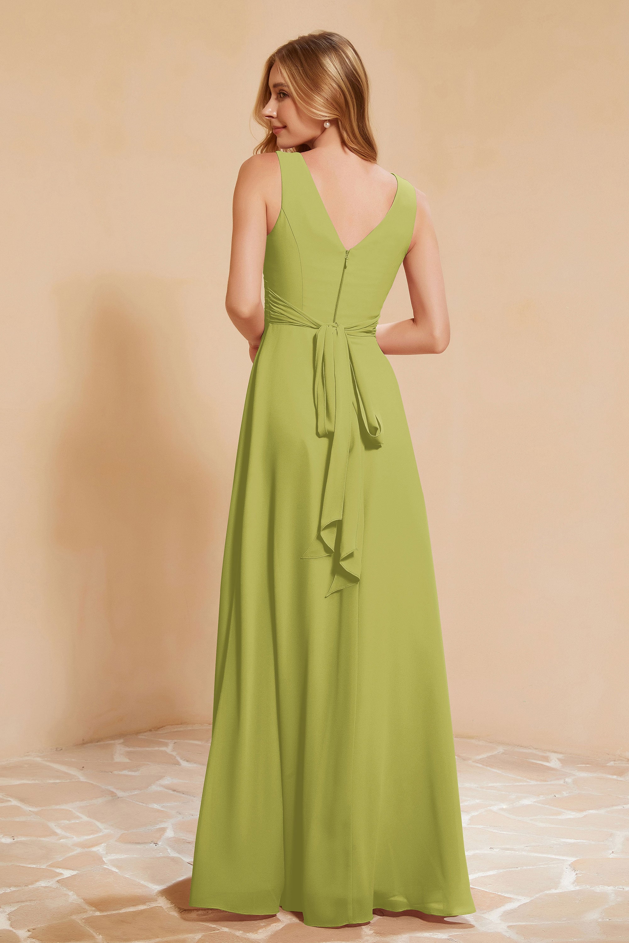 V Neckline Chiffon Bridesmaid Dress Long Pleated A Line Formal Evening Dresses Gowns