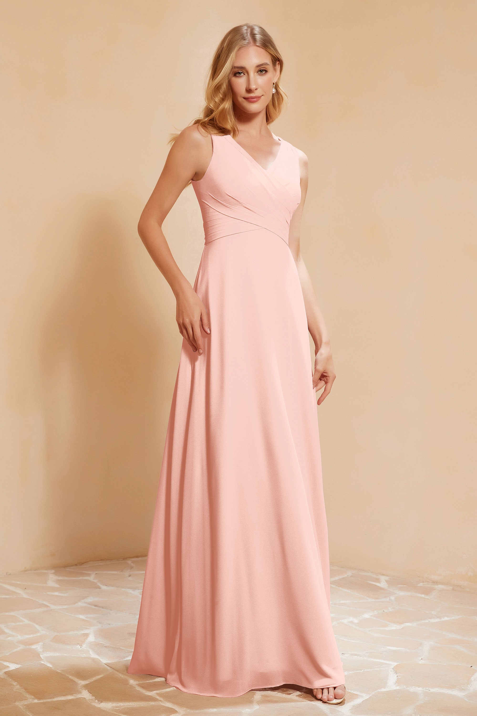 V Neckline Chiffon Bridesmaid Dress Long Pleated A Line Formal Evening Dresses Gowns