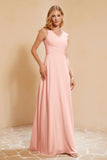 V Neckline Chiffon Bridesmaid Dress Long Pleated A Line Formal Evening Dresses Gowns