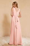 V Neckline Chiffon Bridesmaid Dress Long Pleated A Line Formal Evening Dresses Gowns