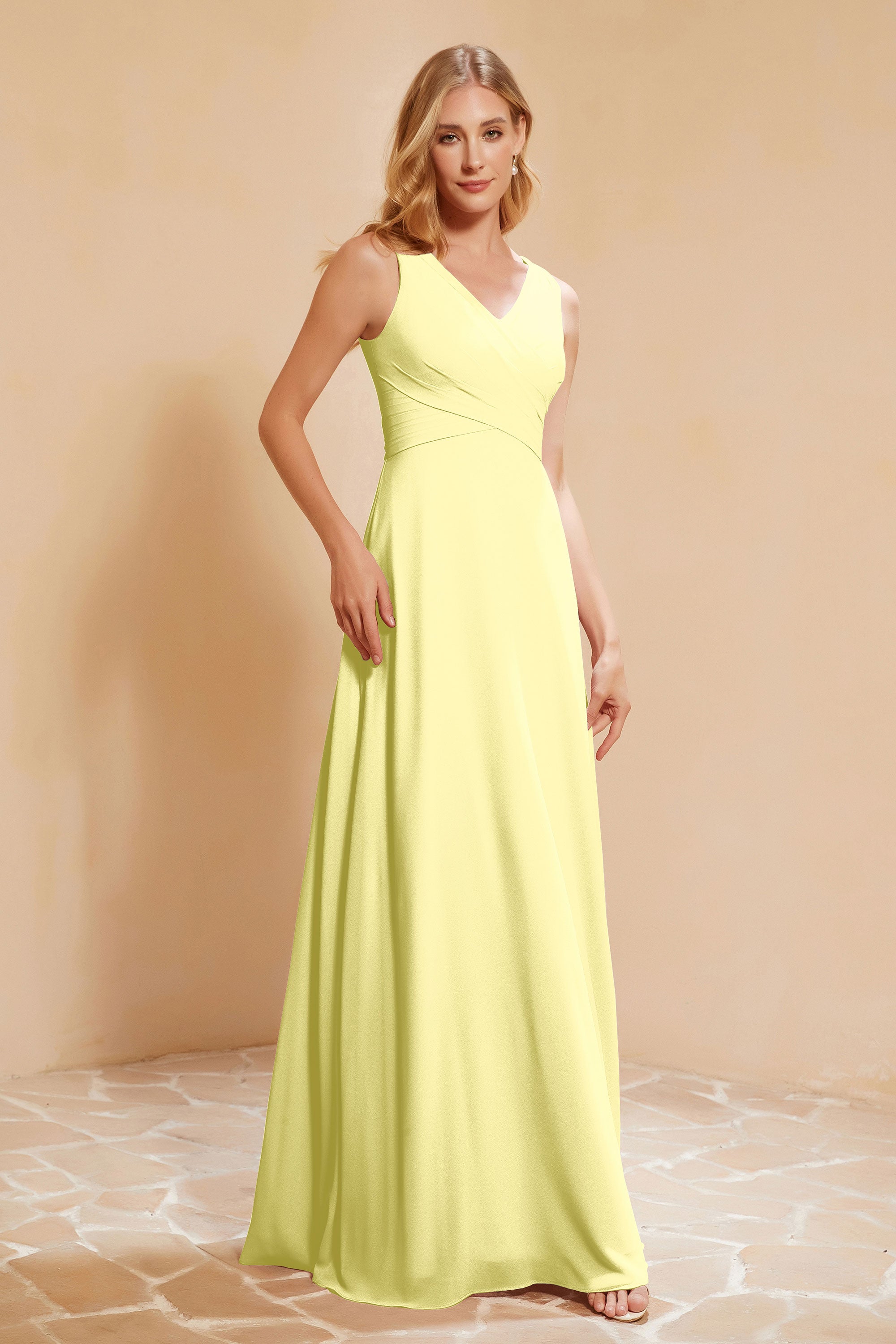 V Neckline Chiffon Bridesmaid Dress Long Pleated A Line Formal Evening Dresses Gowns