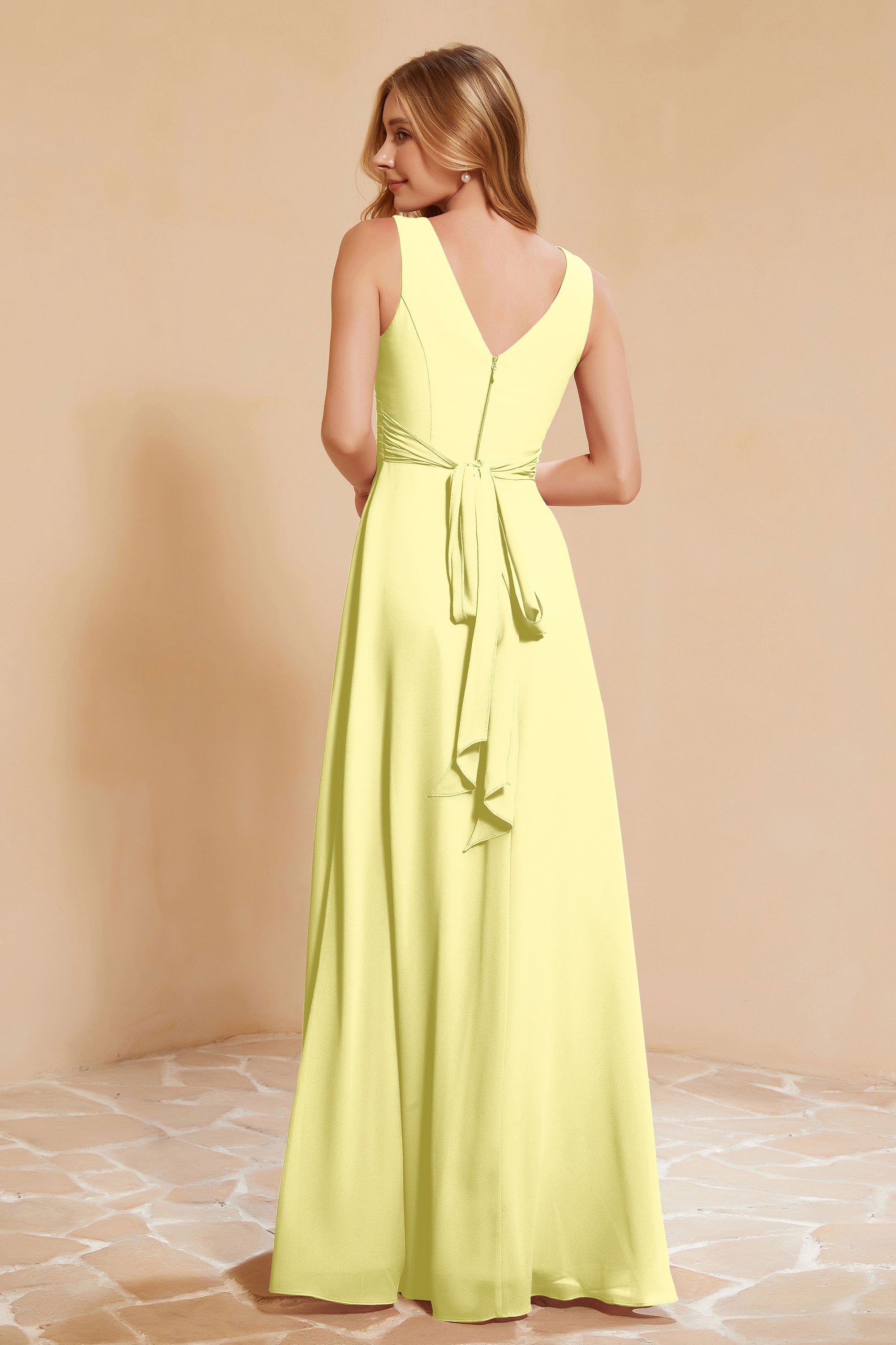 V Neckline Chiffon Bridesmaid Dress Long Pleated A Line Formal Evening Dresses Gowns