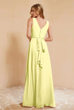 V Neckline Chiffon Bridesmaid Dress Long Pleated A Line Formal Evening Dresses Gowns