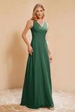 V Neckline Chiffon Bridesmaid Dress Long Pleated A Line Formal Evening Dresses Gowns