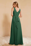 V Neckline Chiffon Bridesmaid Dress Long Pleated A Line Formal Evening Dresses Gowns