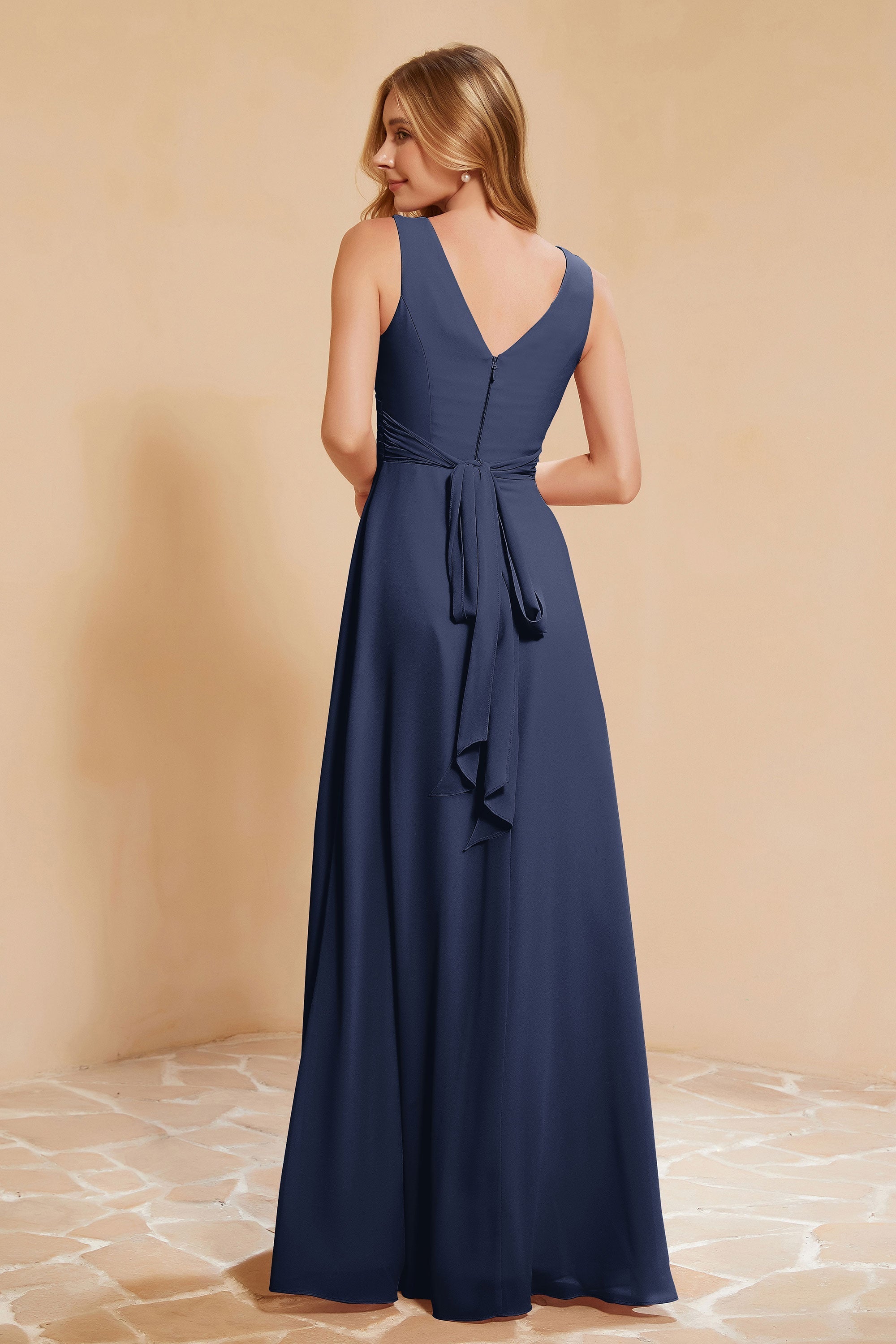 V Neckline Chiffon Bridesmaid Dress Long Pleated A Line Formal Evening Dresses Gowns