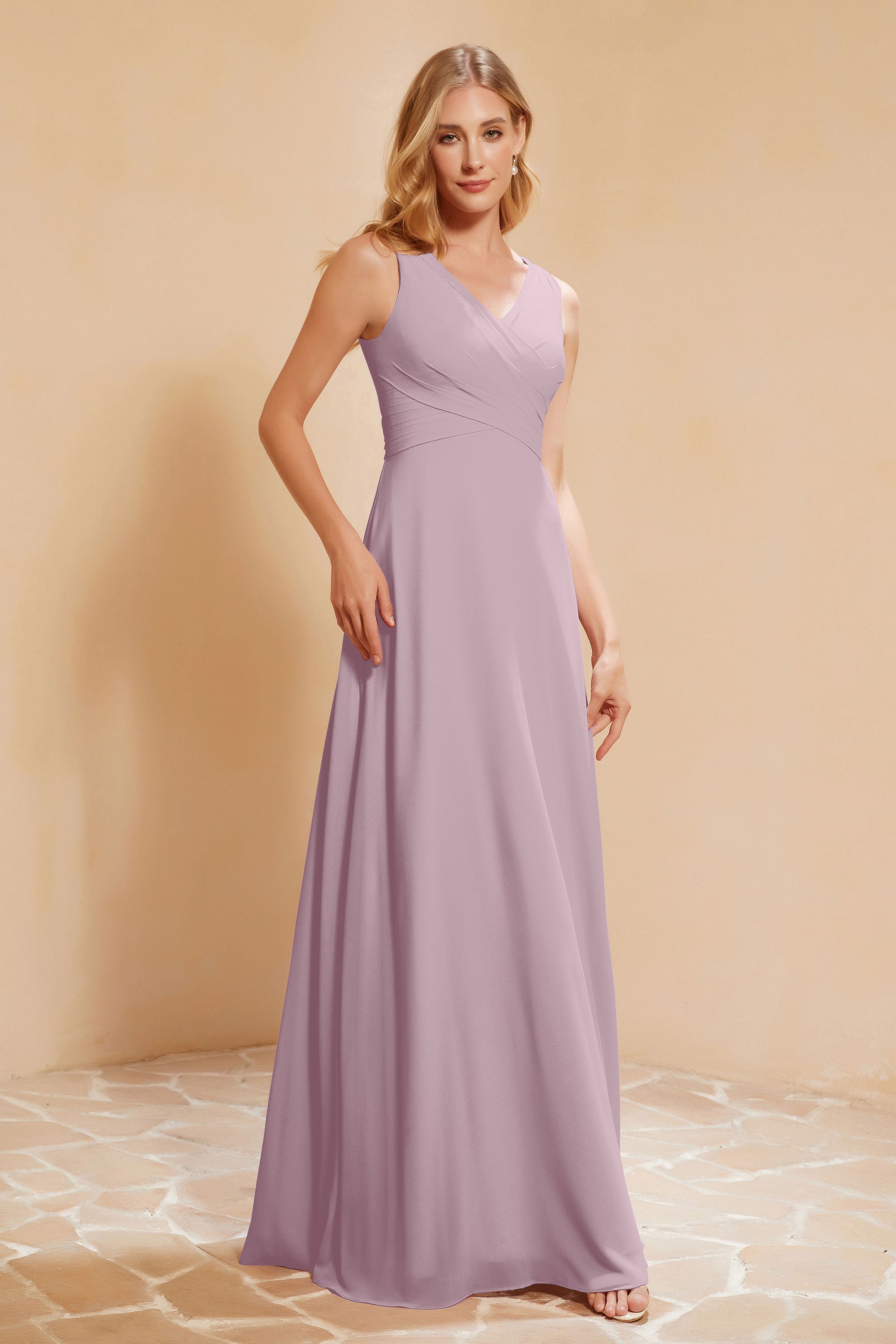 V Neckline Chiffon Bridesmaid Dress Long Pleated A Line Formal Evening Dresses Gowns