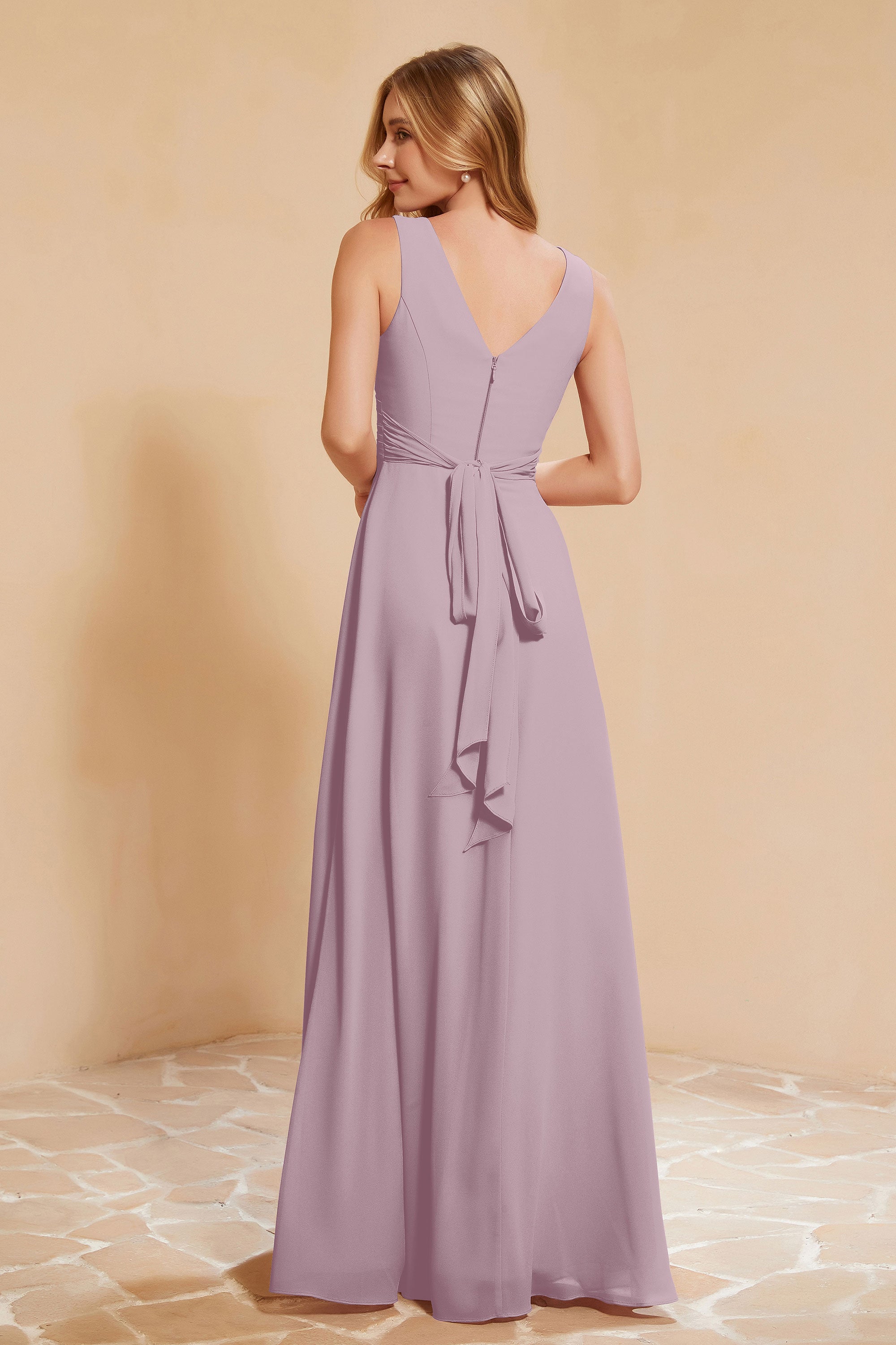 V Neckline Chiffon Bridesmaid Dress Long Pleated A Line Formal Evening Dresses Gowns